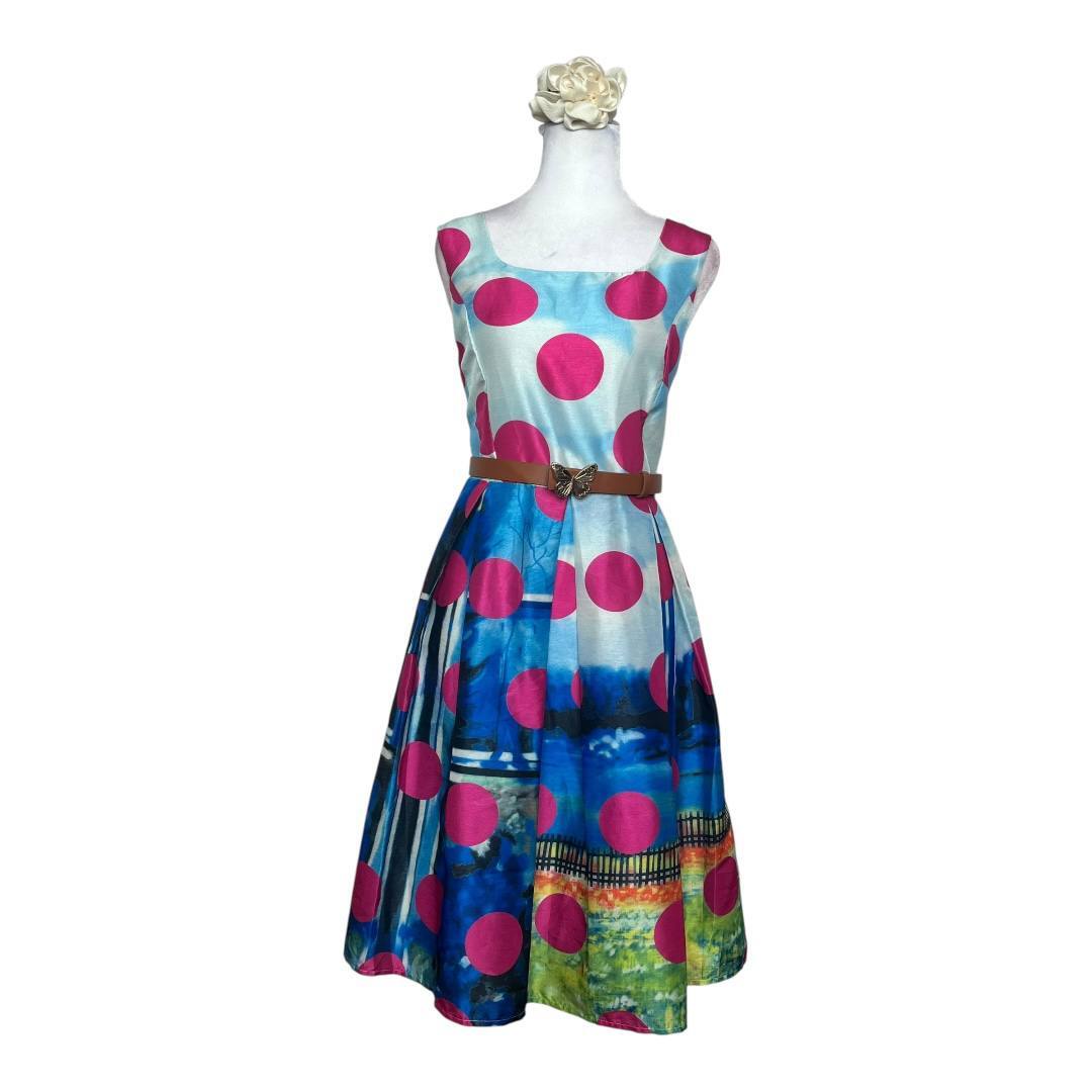 Polka Dot and Scenic Print Sleeveless Dress