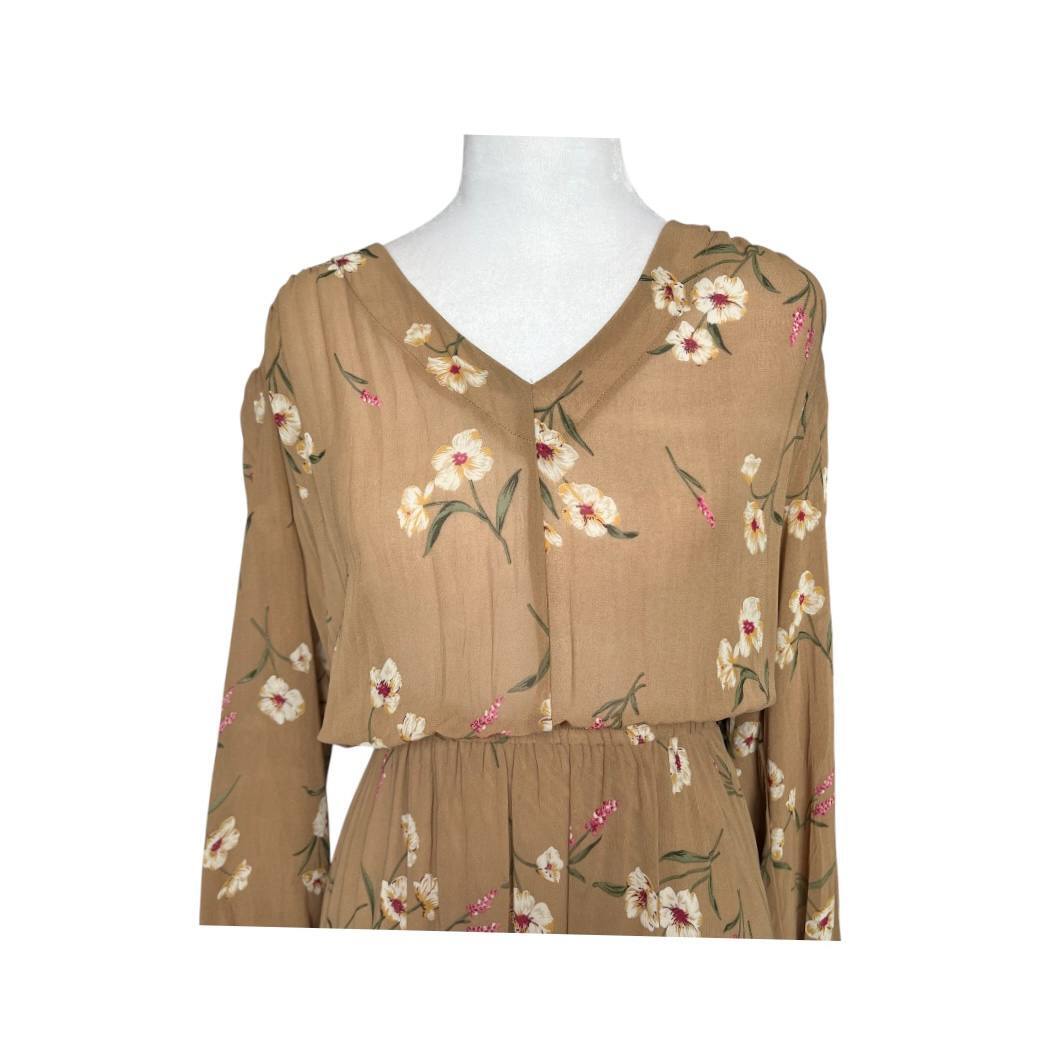Tan Floral Elastic Waist Dress