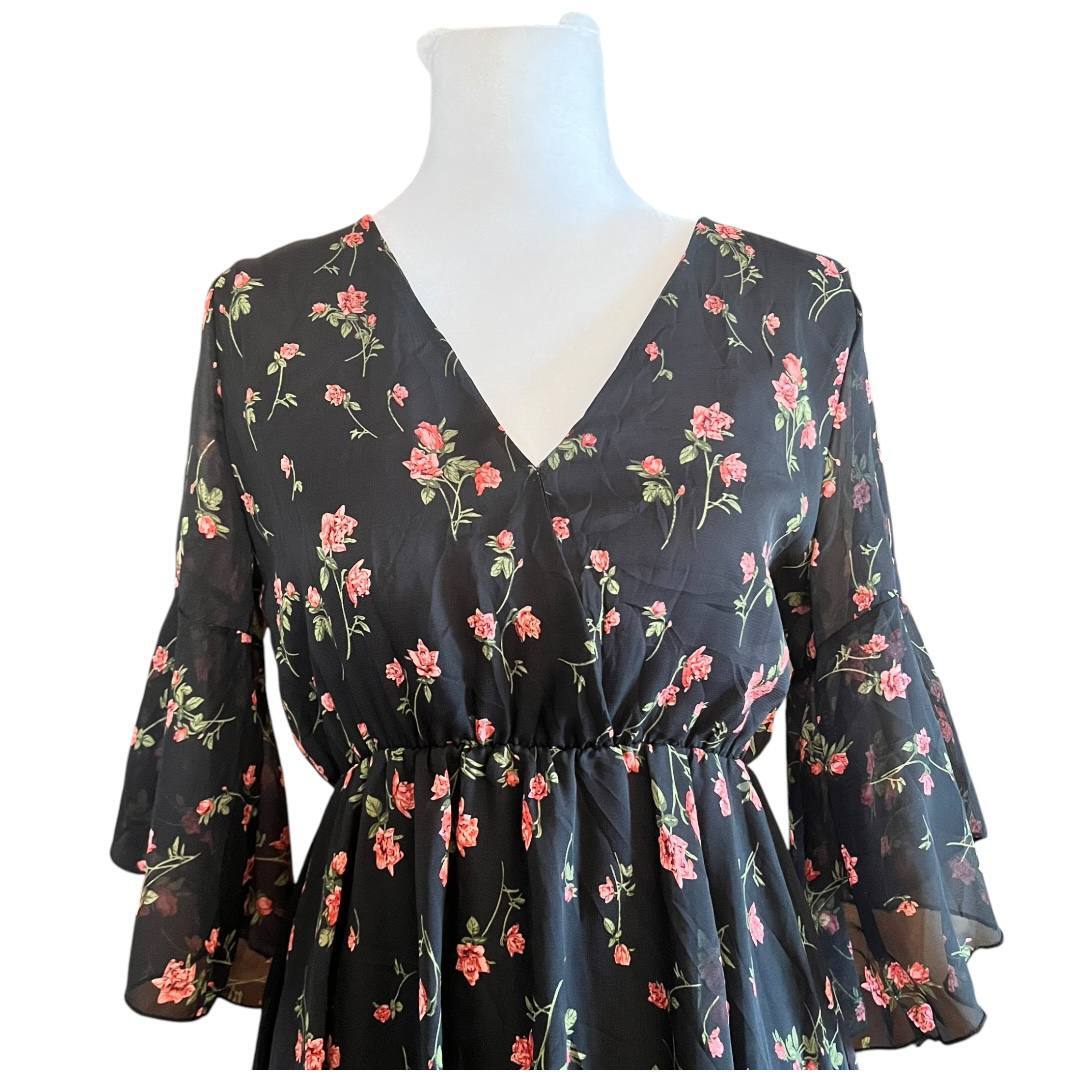 Black Floral V-Neck Bell Sleeve Dress