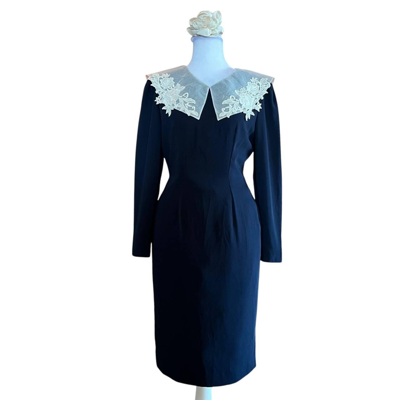 Dark Blue Lace Embellished Pencil Dress