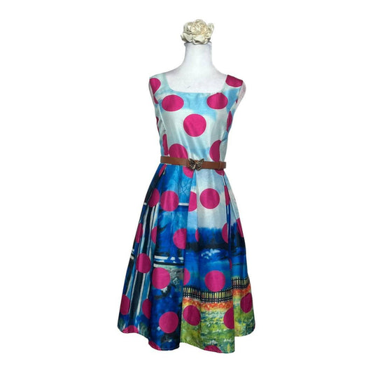 Polka Dot and Scenic Print Sleeveless Dress