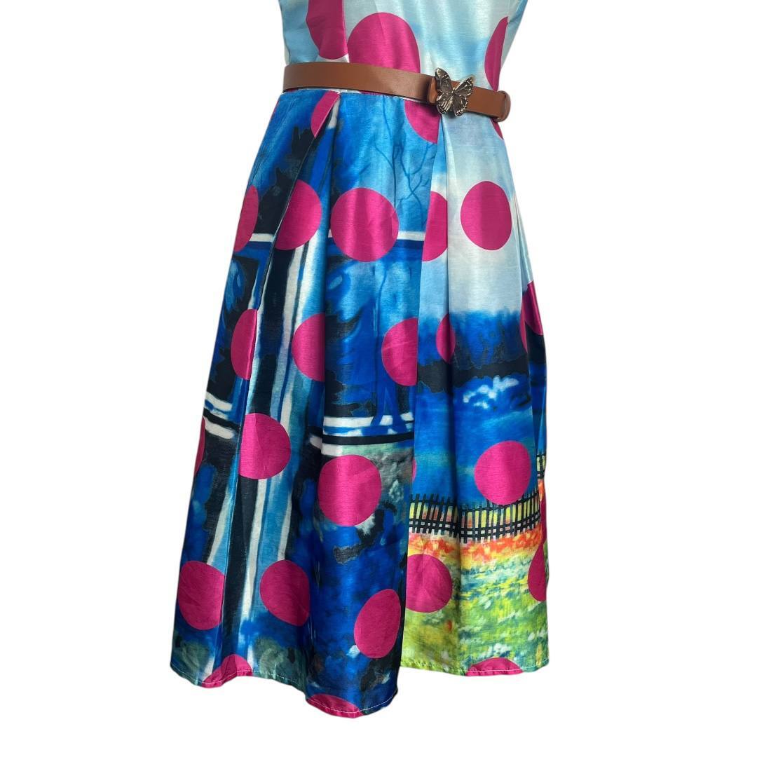 Polka Dot and Scenic Print Sleeveless Dress