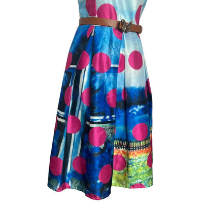Polka Dot and Scenic Print Sleeveless Dress