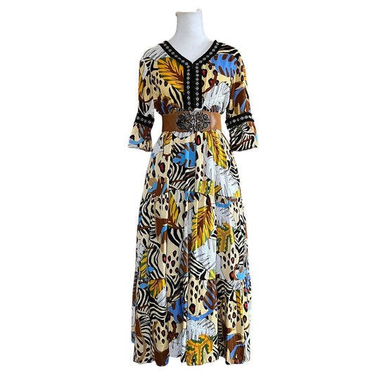 Yellow Bohemian Tropical Print Maxi Dress