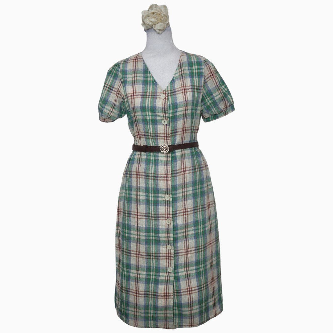 Green Plaid Button Dress