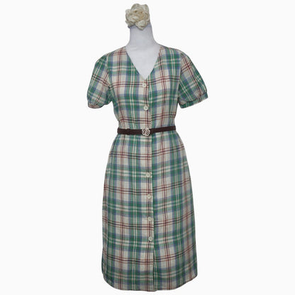 Green Plaid Button Dress
