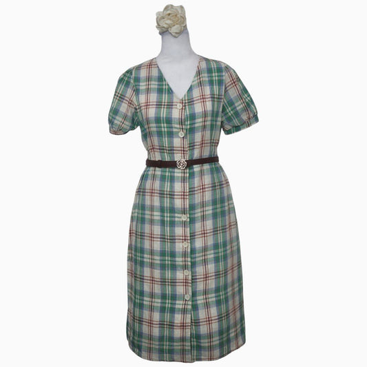 Green Plaid Button Dress