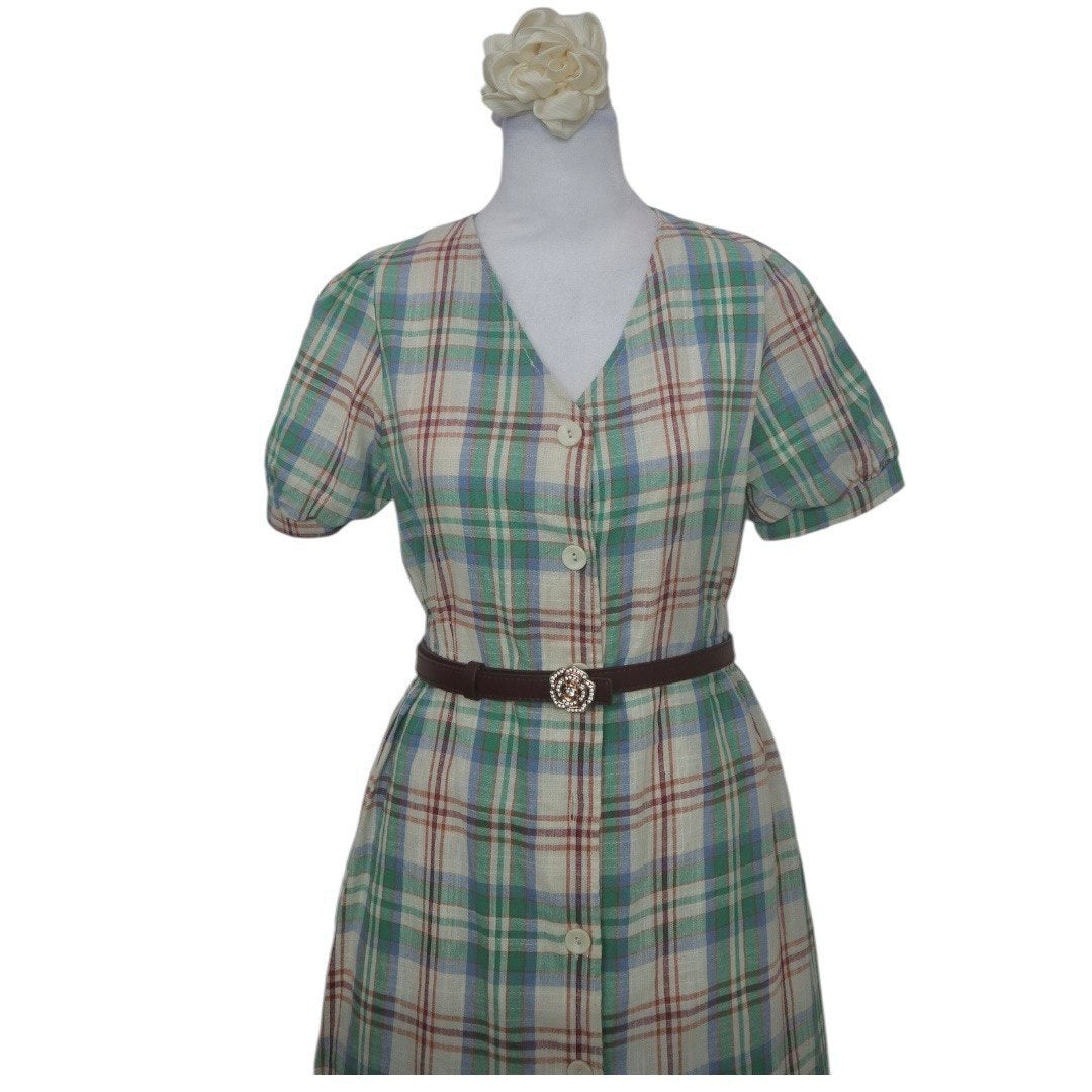 Green Plaid Button Dress
