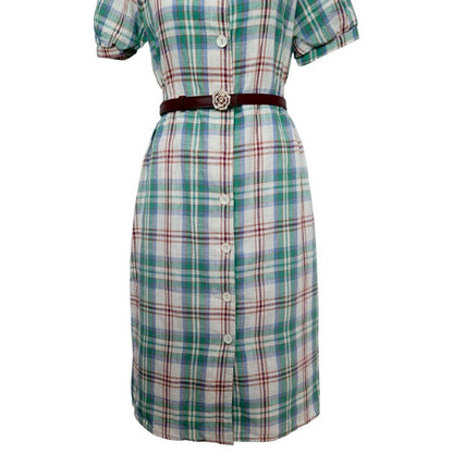 Green Plaid Button Dress