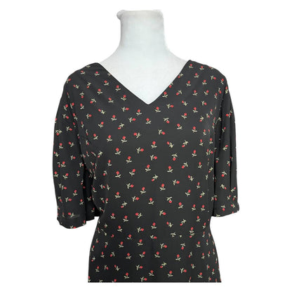 Black Floral V-Neck Midi Dress
