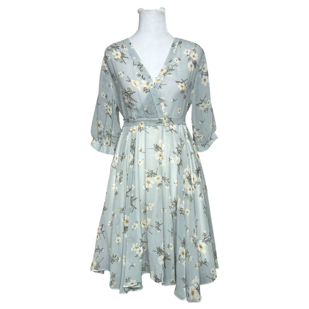 Light Blue Floral Chiffon Midi Dress