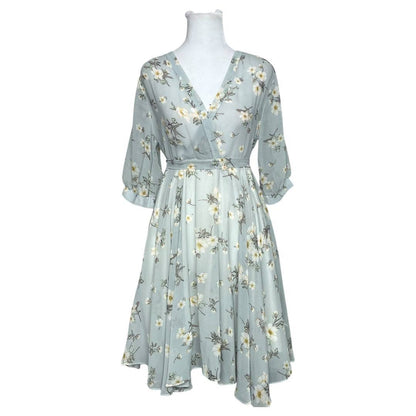 Light Blue Floral Chiffon Midi Dress