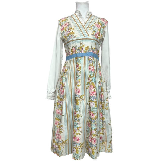 Vintage Floral Blue Stripe Dress