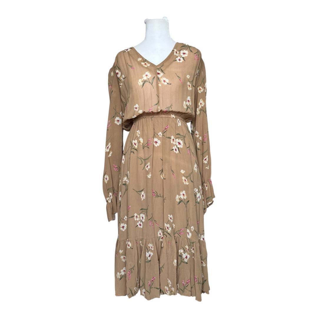Tan Floral Elastic Waist Dress