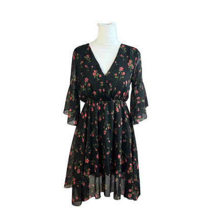 Black Floral V-Neck Bell Sleeve Dress