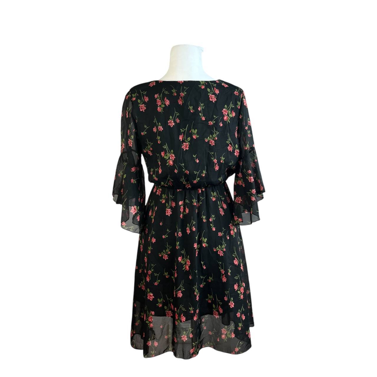 Black Floral V-Neck Bell Sleeve Dress