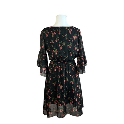 Black Floral V-Neck Bell Sleeve Dress