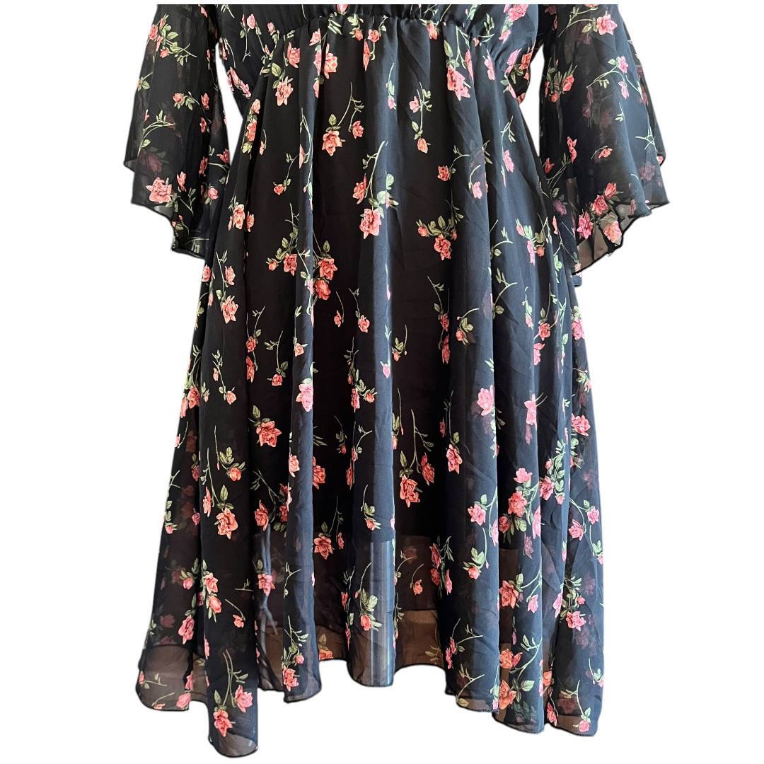 Black Floral V-Neck Bell Sleeve Dress