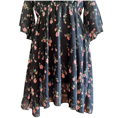 Black Floral V-Neck Bell Sleeve Dress