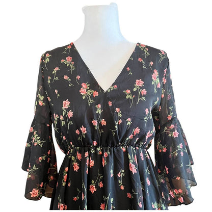 Black Floral V-Neck Bell Sleeve Dress