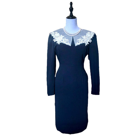Dark Blue Lace Embellished Pencil Dress