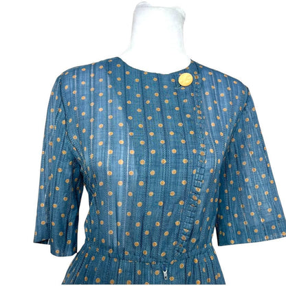 Vintage Blue Linen Polka Dot Dress