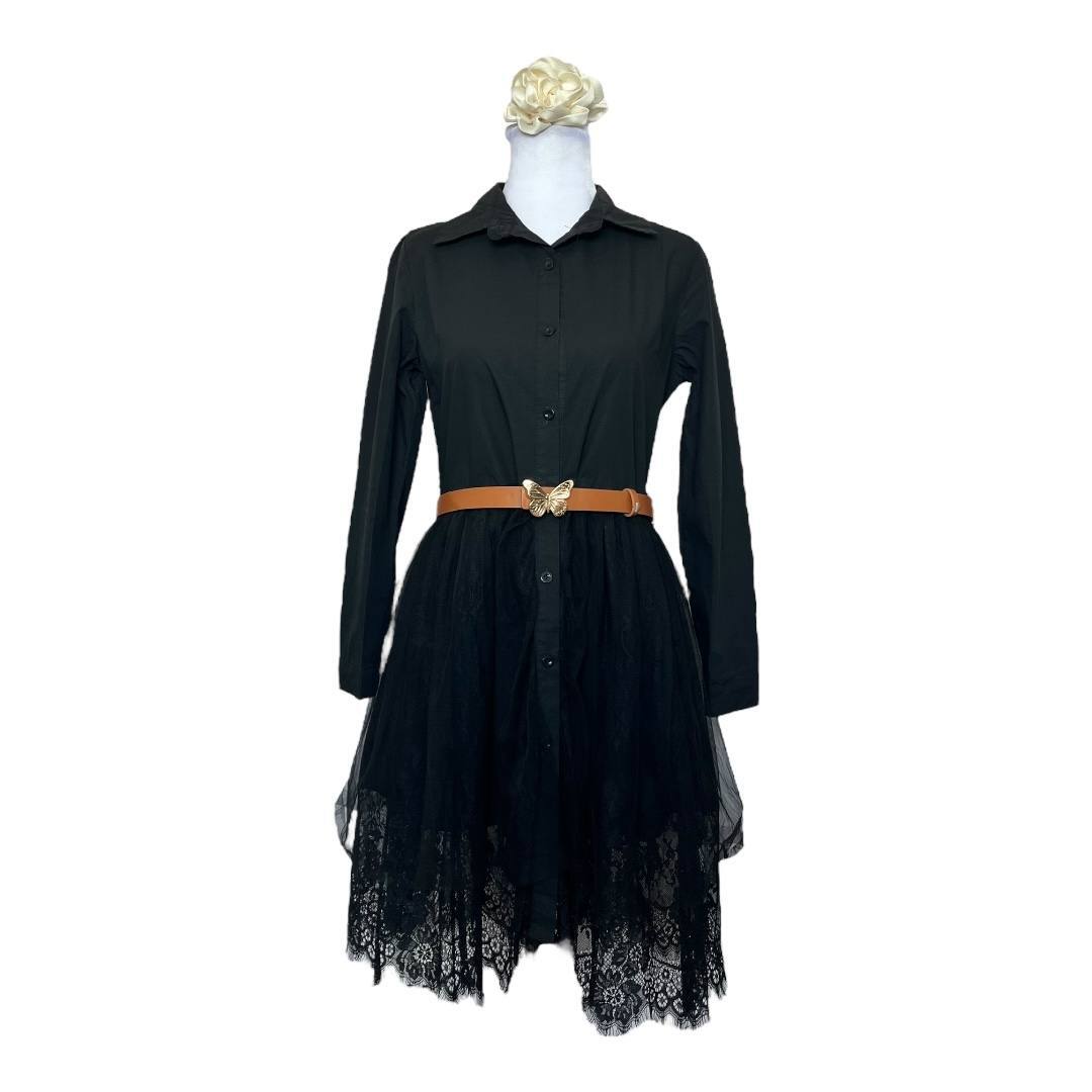 Black Lace-Trimmed Shirt Dress
