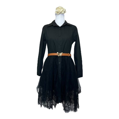 Black Lace-Trimmed Shirt Dress