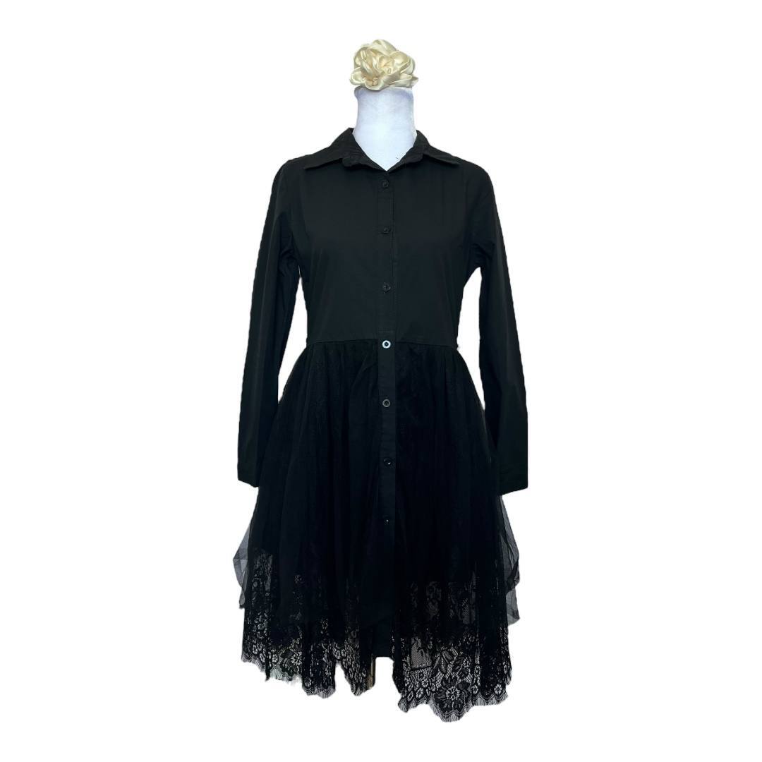 Black Lace-Trimmed Shirt Dress