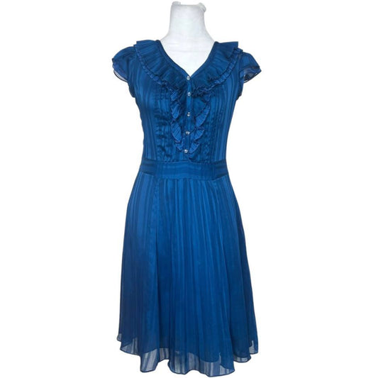 Blue Ruffled V-Neck Short-Sleeved Dress