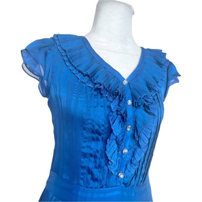 Blue Ruffled V-Neck Short-Sleeved Dress