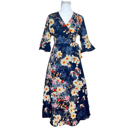 Blue Floral Print Wrap Dress