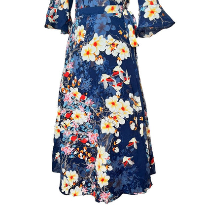 Blue Floral Print Wrap Dress