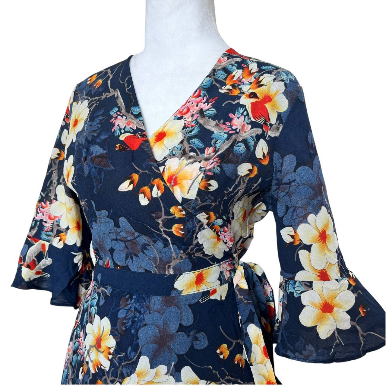 Blue Floral Print Wrap Dress