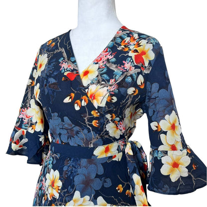 Blue Floral Print Wrap Dress